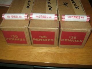 3 - Unsearched $25 Boxes Of Pennies - From Armory & 3 Rolls Of 2020 - P Pennys