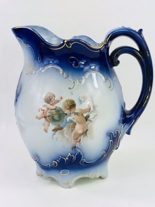 Labelle China Porcelain Handled Pitcher With Cherubs,  Baby Angels,  Cobalt Blue