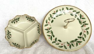 Set Of 2 Lenox Fine China Holiday Serving Plate And Divider Bowl
