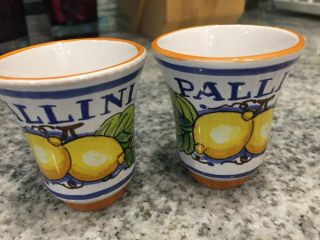 Set Of 2 Pallini Limoncello 1.  5oz Shot Cups Italian Pottery Deruta Italy Lemon