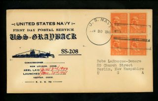 Us Naval Ship Cover Uss Grayback Ss - 208 Pre Wwii 1941 First Day Postal Service