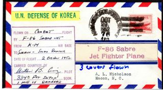 Combat F 86 U.  N.  Defense Of Korea 2 Oct 52 Pilot Signed 3 Flown 1 Mig 15