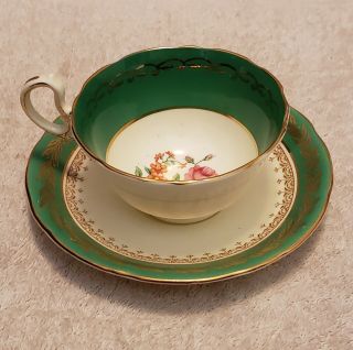 Aynsley Bone China Green & Gold With Pink Cabbage Roses Cup & Saucer