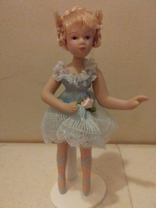 Porcelain Blonde Ballerina Doll Blue Dress 5 1/2 " Tall With Stand