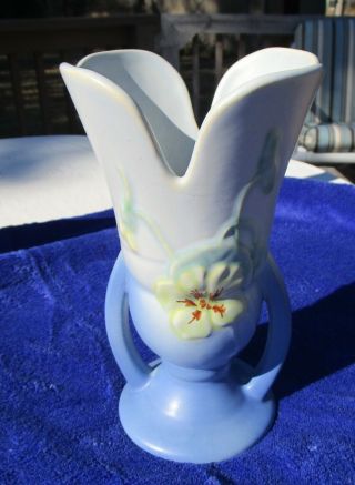 Vintage Weller Art Pottery Blue Pansy Handled Vase