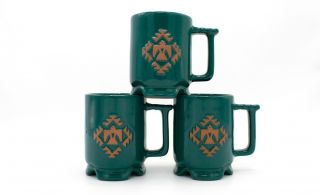 3 Frankoma Green Aztec Thunderbird Coffee Cups,  Hipster Mugs,  Southwestern Bird