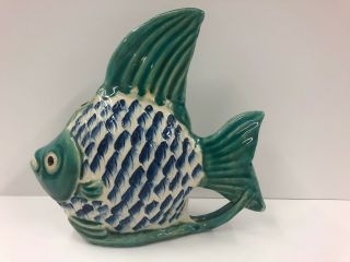 Vintage Fish Sculpture Hand Made Ceramic Pottery Glazed Green Blue 10” Vase Sign
