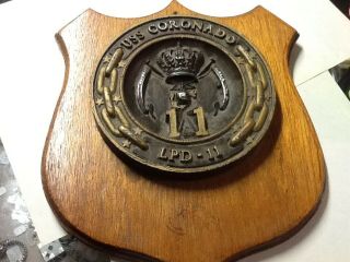Vintage Uss Coronado Lp11 Navy Ship Artifact Metal On Wood Plaque Dated 1972