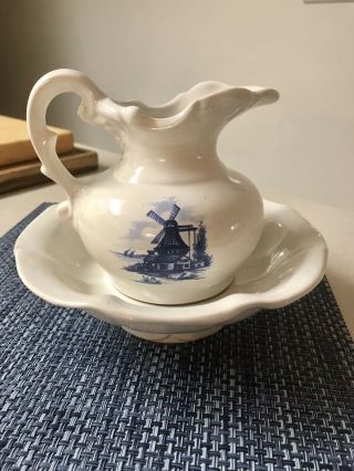 Small Vintage Mccoy Pottery Pitcher & Wash Bowl Basin Set White / Blue Windmill