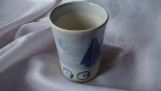 Shard Pottery Cup Dover Maine Blue Coastal Nautical Sailboat Bathroom Drinking