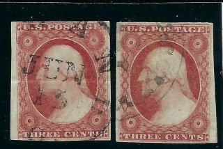 B&d: 1851 - 57 U.  S.  Scott 11 (x2) 3c Dull Red Washington,  4 - Margins