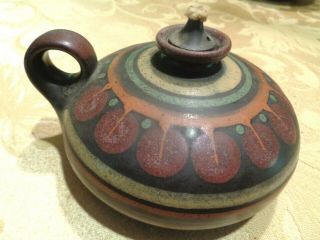 Vtg Hand Crafted Painted Decorated Art Pottery Oil Lamp Kmk Manuell Germany