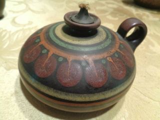 Vtg Hand Crafted Painted Decorated Art Pottery Oil Lamp KMK Manuell Germany 2
