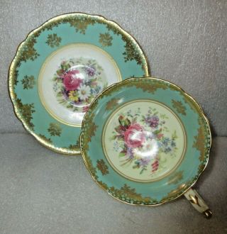 Paragon H M The Queen & H M Queen Mary Green Footed Cup & Saucer Gold Trim V23