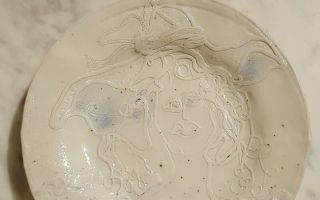 Studio Art Pottery Slip Decorated Plate Of An Abstract Woman In A Bonnet