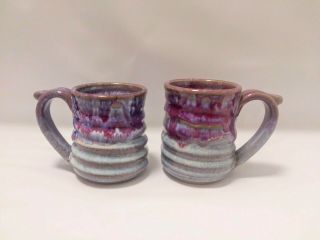 Set Of 2 Handmade Art Pottery Mug Cup Coffee Tea Cups Mugs Purple Blue Signed