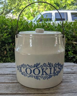 Vintage Monmouth Stoneware Cookie Jar Gray & Blue Usa
