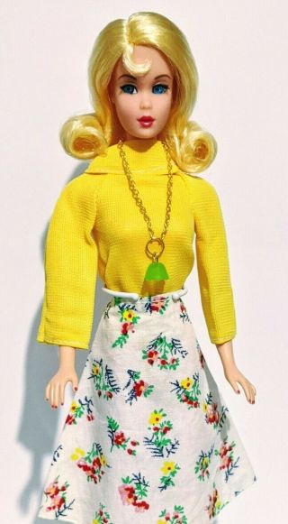 Barbie Clone Doll Outfit: Mod Yellow Top White Colorful Floral Cotton Skirt