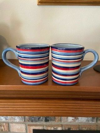 2 Tabletops Gallery Los Colores Hand Painted Mugs Red Blue Beige Stripes Discont