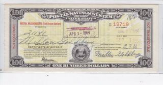 $100 Series Of 1939 Postal Savings System Certificate Paid Boston Ma W4772