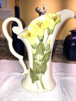 Vintage Cash Family Hand Painted Pottery Pitcher Green & Cream Raised Flowers