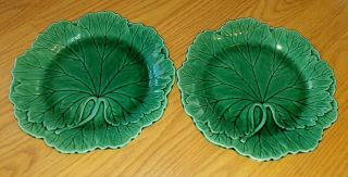Pair Antique Wedgwood Green Majolica Leaf Plates