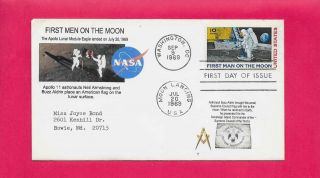 C76 First Man On The Moon Fdc Apollo 11 Neil Armstrong Buzz Aldrin Masonic Flag