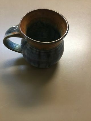 Vintage Signed Handmade Pottery Glazed With Blue/ Brown Coffee Mug