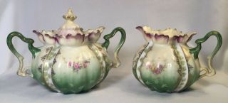 Antique Royal Vienna Germany Porcelain Creamer & Sugar Green W Pink Roses