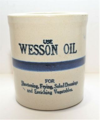 Vintage Wesson Oil Stoneware Crock With Blue Band Advertising Beater Jar