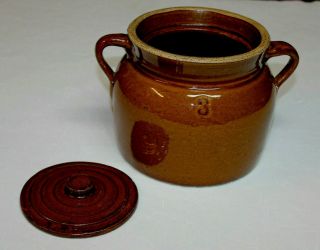 Vintage Stoneware Crock Bean Pot With Lid,  Double Handle Brown Glaze Marked 3