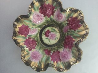 VINTAGE HANDPAINTED NIPPON CANDY DISH BOWL WITH PINK BURGUNDY ROSES & GOLD TRIM 3