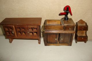 3 - Miniature Dollhouse Furniture Items Dry Sink With Pump Cabinet And Shelf