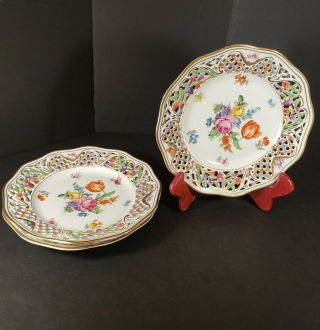 Vintage Set Of 3 Schumann Bavaria Chateau Dresden Flowers Reticulated Plate 7.  5 "