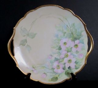 Antique T&v Limoges France Hand - Painted Cake Plate Gold Handles Floral Pink