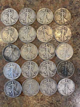 Walking Liberty 90 Silver Half Dollars,  Full Roll Of 20.  Various Dates & Mints.