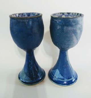 Pair Signed Studio Pottery Stoneware Goblets Wine Glasses Blue Cream Drip Glaze