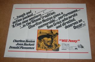 Charlton Heston In Will Penny (1968) - Very Rare Orig Uk Quad Poster -