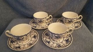 Johnson Brothers Indies Blue Ironstone Cup & Saucer Swirled Pattern Inside Set 4