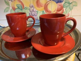 Set Of 2 Waechtersbach Germany Fun Factory Glossy Cherry Red 4”Mug & Saucer 2
