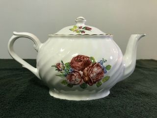 Arthur Wood & Son Staffordshire England 6442 Porcelain Roses Teapot Gold Trim