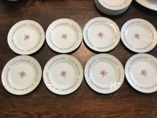 Set Of Eight Royal Swirl China Pink Roses Silver Rim 6.  3/8 " Bread Plates Japan