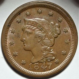 1847 N - 4 R.  3 Braided Hair Large Cent Choice Almost Uncirculated Au Rpd 1c Coin