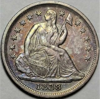 1838 No Drapery Large Stars Seated Liberty Half Dime Almost Uncirculated Au H10c