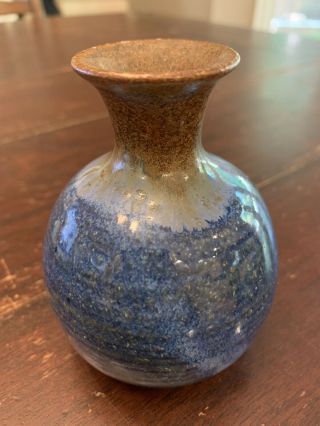 Pigeon Forge Pottery Small Blue And Brown Vase 3 1/2” Signed A.  Huskey