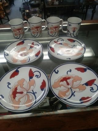 Variations By Fitz And Floyd 1979 4 Mugs & 4 Lunch Plates 7 1/8 ".