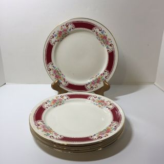 4 Dinner Plates 9 " Homer Laughlin F47n6 Pink Yellow Blue Flowers Red Insets