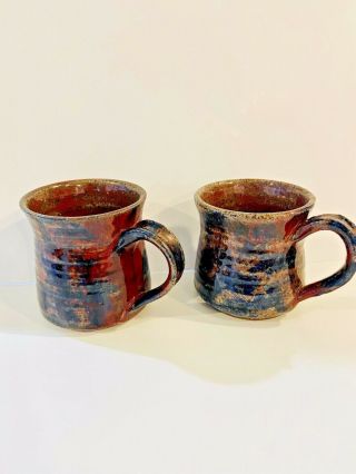 Anne Wolff Pottery Set Of 2 Handmade Ceramic Mugs Brown Blue Red