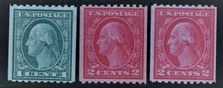 Scott 486,  487,  488 Mnh Og Coil Stamps 1916 1,  2 Cent (washington) Perf 10 Horiz