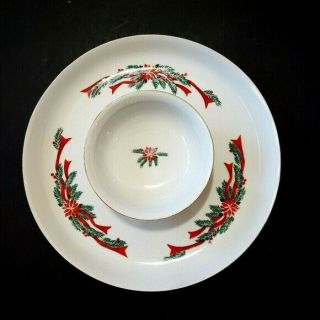 Fairfield Poinsettia Red Ribbons Chip And Dip Set Tienshan Christmas Plate Bowl